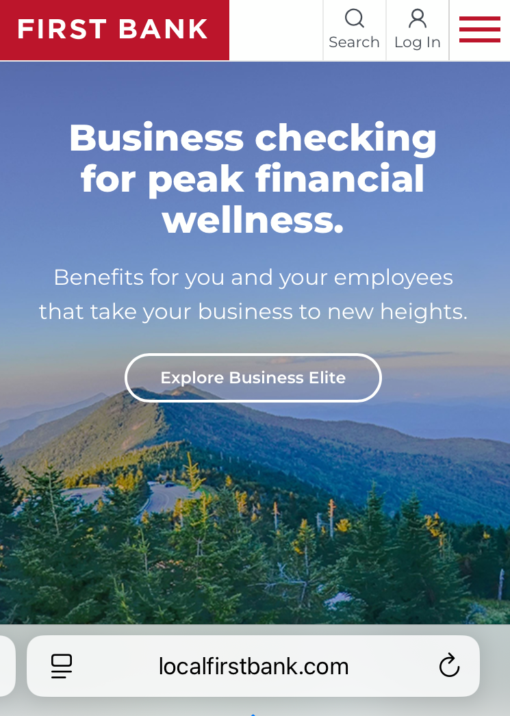 Peak Financial Wellness campaign displayed on the First Bank mobile homepage